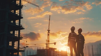 Engineer workers standing on a construction site and watching the sunset with building silhouettes in the background.