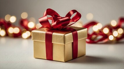 AI generated illustration of a gift box with a red ribbon against bokeh lights