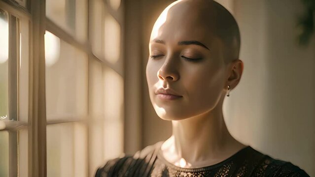 Bald woman meditating. Happy cancer patient with shaved head practicing yoga & health meditation