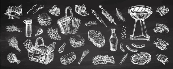 Set of hand-drawn sketches of barbecue and picnic elements. For the design of the menu of restaurants and cafes, grilled food. Doodle vintage illustration. Engraved image on chalkboard background.