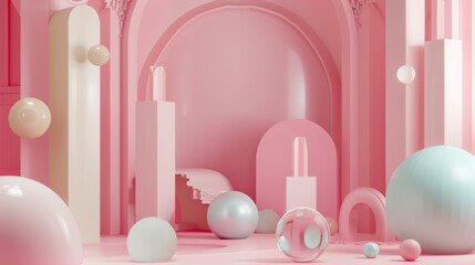 A captivating surreal scene with pastel pink and soft white architectural structures, spheres, and arches, creating a serene and abstract environment.
