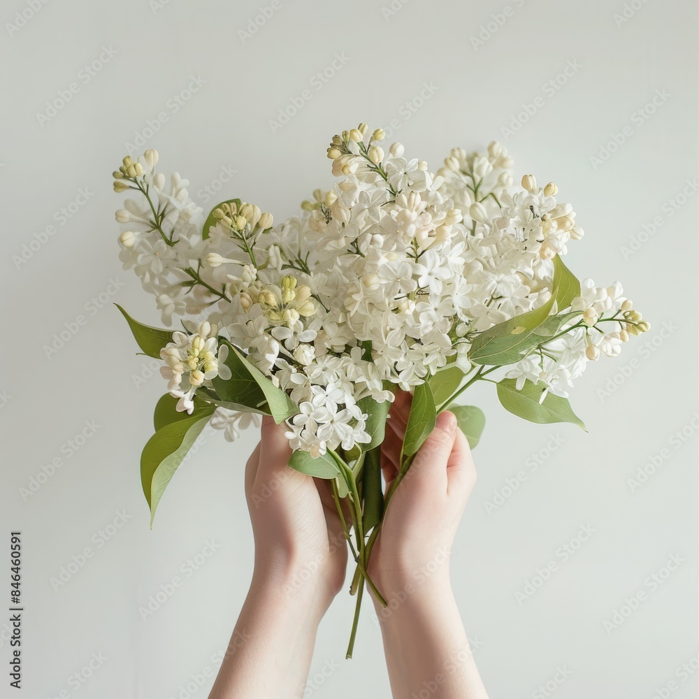 Sticker AI-generated illustration of a Woman's hands holding white flowers against white wall