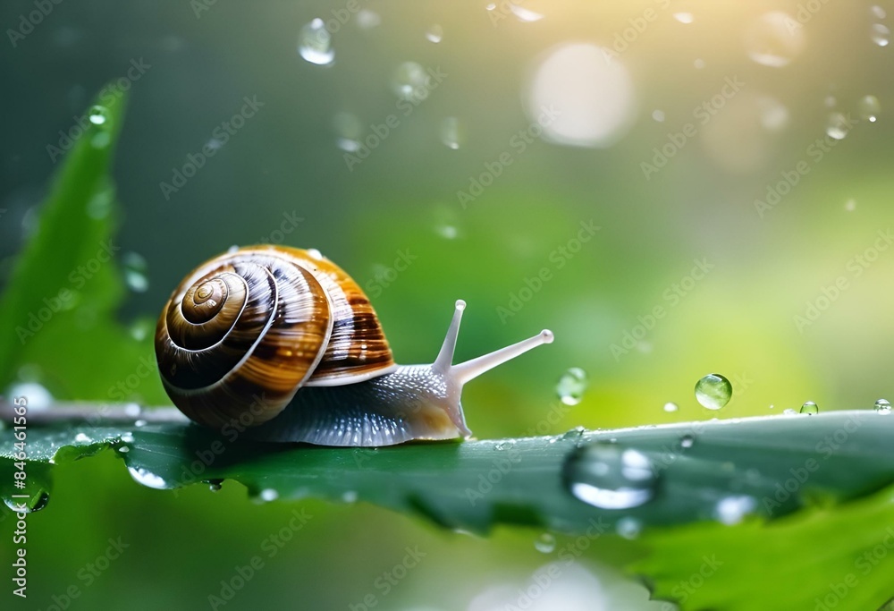 Poster the snail is sitting on the leaf with water drops of rain