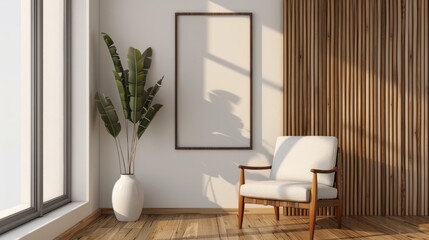 White wall mockup and a wooden armchair in the style of a minimal style living room. 