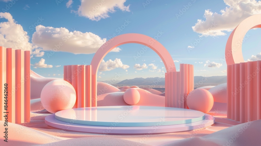 Wall mural 3D render of an abstract background with pastel pink and blue colors round podiums in a desert landscape with sky.