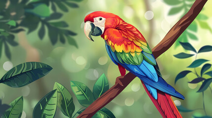 Fototapeta premium Parrot Ara Illustration in the Jungle with Colourful Scenery for Zoos or Nature Preservaton Projects.
