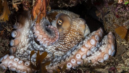 Obraz premium The Cozy Retreat: Inside the Den of a Curled-Up Common Octopus