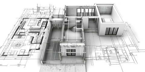 a 3D rendering of a floor plan for a building, with various rooms and spaces clearly labeled and outlined.