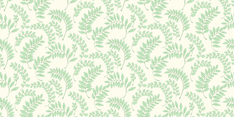 Abstract green branches leaves scattered randomly in a seamless pattern. Vector hand drawing sketch. Creative tiny leaf stems printing on a light background. Template for design