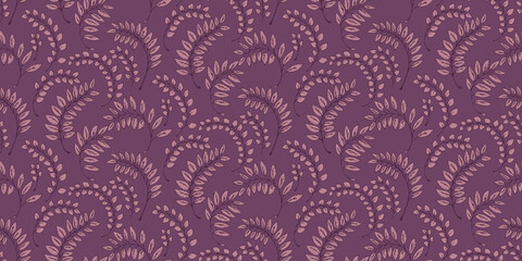 Monochrome burgundy seamless pattern with abstract small branches leaves. Vector hand drawn sketch. Creative tiny leaf stems printing. Template for design, textile, fashion, surface design, fabric