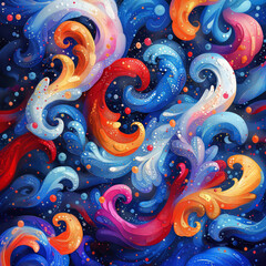 Vibrant Abstract Colorful Swirls and Waves with Bubbles on Dark Background