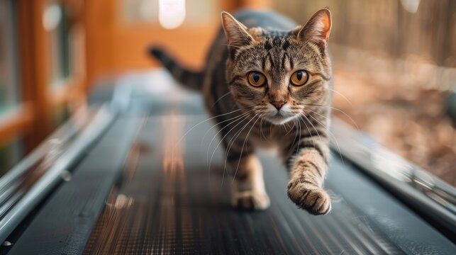 a cat walks on top of a tread machine in the day