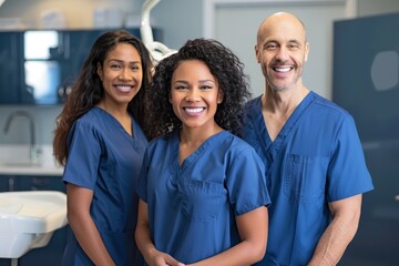 A group of three dental professionals, two women and one man, all wearing blue scrubs, stand together in a bright, well-lit dental office, smiling for the camera