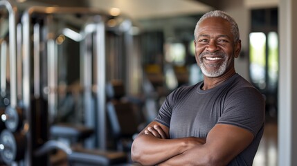 Elderly Male Fitness Trainer Smiling in a Modern Gym, Promoting Active Senior Lifestyle and Wellness