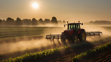 Naklejka premium Global warming, Photograph an agricultural field being sprayed with pesticides, with the early morning sun casting a hazy glow through the mist, creating a dramatic interplay of light