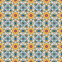 yellow, blue and red ornamentally designed tile pattern on a white background