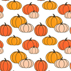 Ripe orange and white pumpkins seamless vector pattern, autumn harvest and Thanksgiving concept, decorative background, wallpaper, textile print, packaging.