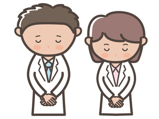 頭を下げて謝罪する男女医師（看護師）の上半身イラスト