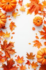 Fototapeta premium Autumn leaves and golden pumpkins composition with ample text space for thanksgiving