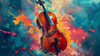 Fototapeta premium A classical violin set against a backdrop of dynamic, colorful paint explosions, blending music and art