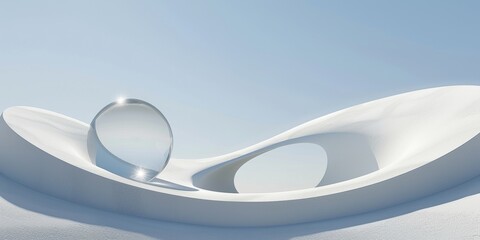 Abstract white background with three curved planes, with an empty circle on top of the structure.