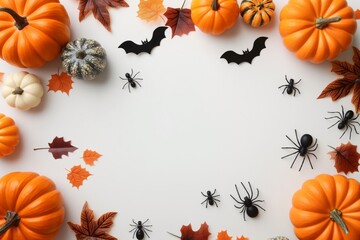 Halloween decorations featuring pumpkins and bats on a white background, ideal for holiday setups and spooky themes. Copy space. Flat lay. Top view