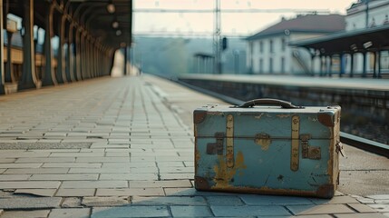 Minimalist shot of a vintage suitcase on an empty train platform