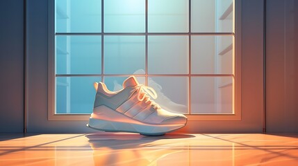 Employ AI capabilities to produce an image featuring a shoe with transparent windows, enveloped in a subtle radiance of light white