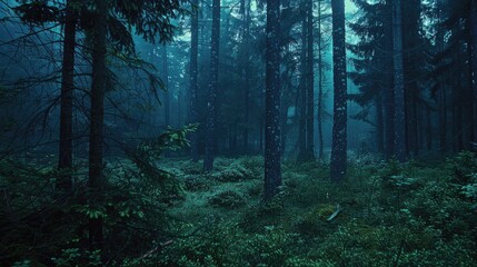 Moody forest at twilight with eerie glow