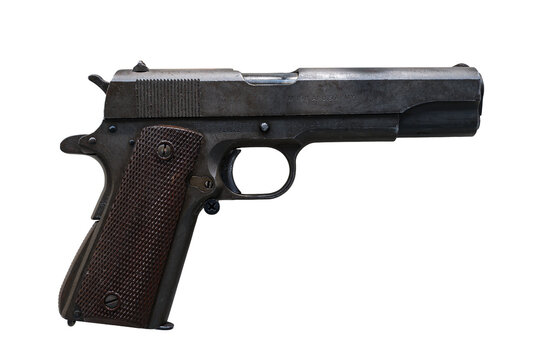 Colt M1911 A1 45 ACP caliber pistol on white background. used in the second world war