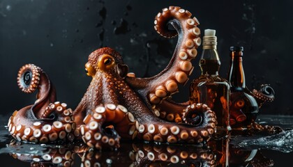Obraz premium Underwater Mixology: Octopus tentacle serving spirits on mirror surface