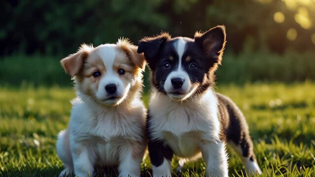 Charming and lovable white black puppies happily playing on a vibrant green grass background