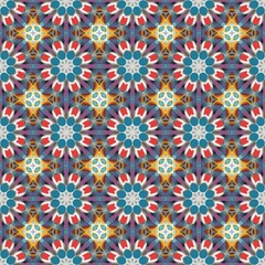 Seamless geometric pattern with vibrant colors and symmetrical shapes.