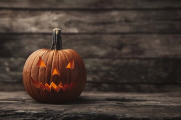 Obraz premium A spooky pumpkin with a carved face glowing on a wooden surface, perfect for Halloween-themed projects and eerie decorations. Copy space. 