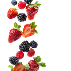 A vibrant assortment of fresh berries, including strawberries, blackberries, and raspberries, isolated on a white background.