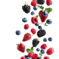 A vibrant assortment of fresh berries including strawberries, blackberries, raspberries, and blueberries, isolated on a white background.