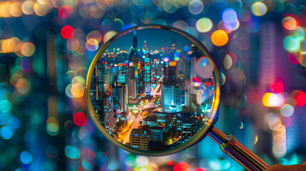 A magnified cityscape glows through a handheld magnifying glass at night, emphasizing vibrant colors and urban details.