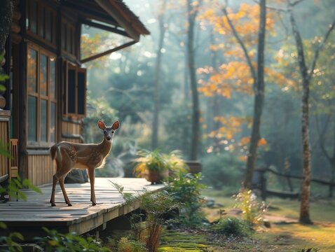 AI generated illustration of a curious fawn standing in a sun-dappled forest clearing