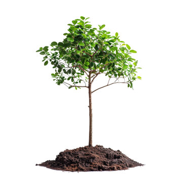 A young, green tree sapling planted in fresh soil, symbolizing growth, nature, and environmental conservation on a white background.