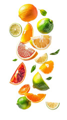 Assorted fresh citrus fruits including oranges, limes, and grapefruits floating in mid-air on a clear background.