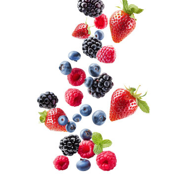 Assorted fresh berries including strawberries, blueberries, raspberries, and blackberries on a white background.