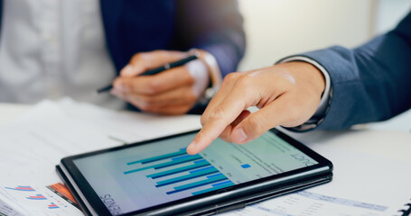 Hands, business people and tablet with screen, charts and results for survey, review finances and...