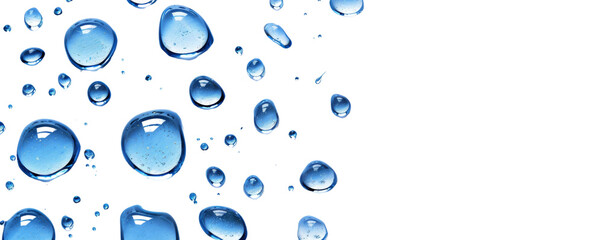 Close-up of multiple water droplets on a transparent surface, showcasing clarity and purity. Ideal for backgrounds, science, and nature concepts.