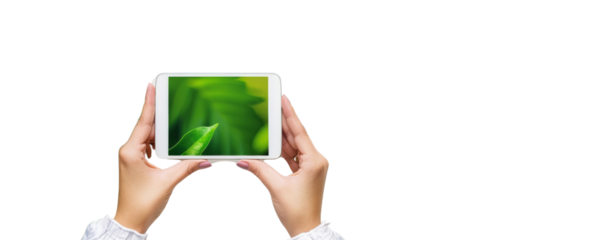 Close-up of hands holding a tablet with nature screen displaying green leaves. Concept of technology and nature connection.