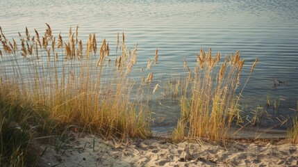Shoreline Scene Featuring Reeds and Sand
