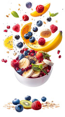 Fresh fruits and granola floating above a bowl. Vibrant and healthy breakfast concept with bananas, strawberries, and blueberries.