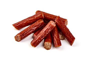 Thin dry sausage, snacks for beer, isolated on the white background