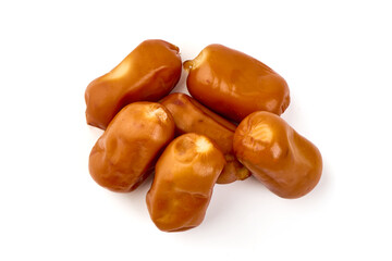 German Smoked cheese sausage, macro, isolated on white background