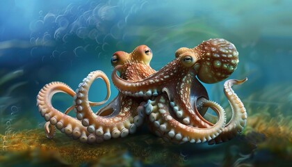 Naklejka premium Octo-Playmates: A whimsical duo of octopuses frolicking together