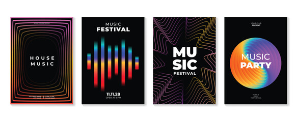 Music poster design background vector set. Electro Sound Cover template with vibrant abstract gradient line wave and geometric shape. Ideal design for social media, flyer, party, music festival, club.